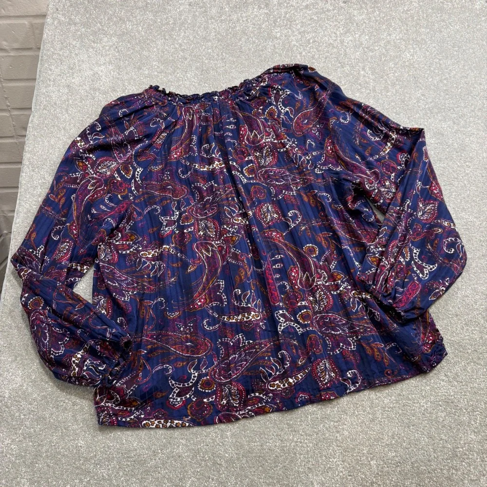 Boden Paisley Ruffle Blouse Silky Pleated Navy Blue US 10 Boho‎ Preppy Regency